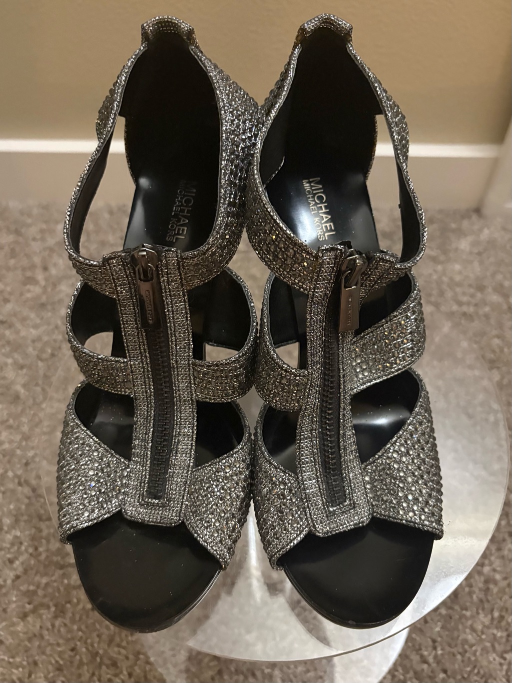 Michael Michael Kors Silver Crystal Strappy Zipper Heels